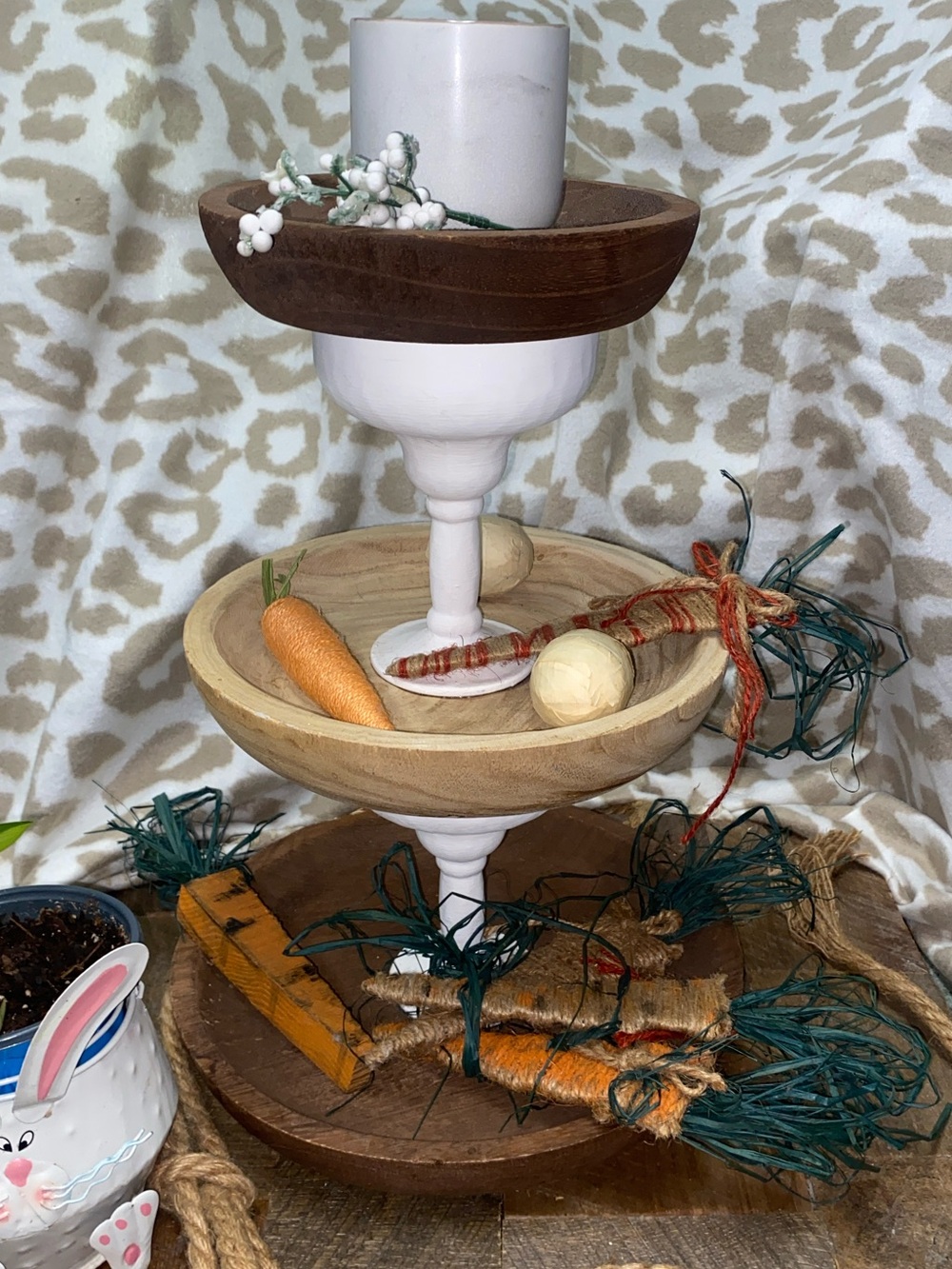 Handmade Tiered Wooden and painted glass Serving Stand in White and Natural Wood